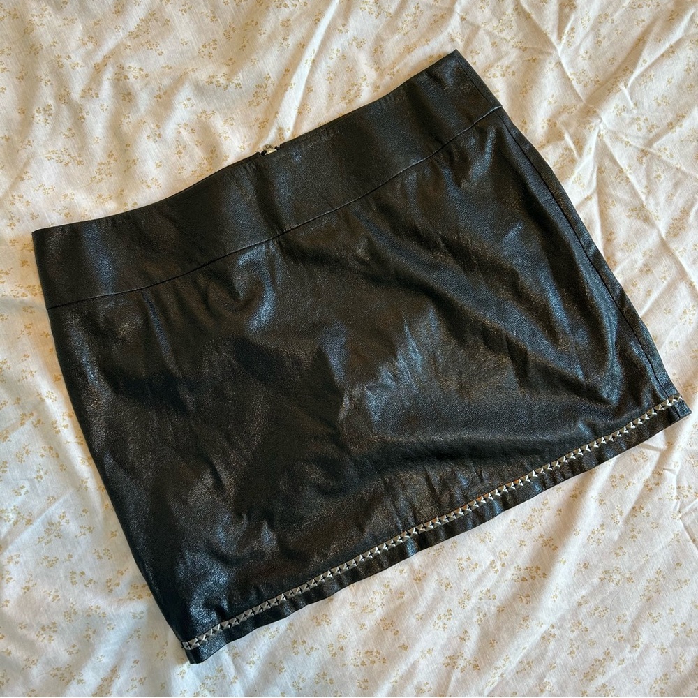 Kensie Black Leather Mini Skirt with Embellished Hem for Night Out